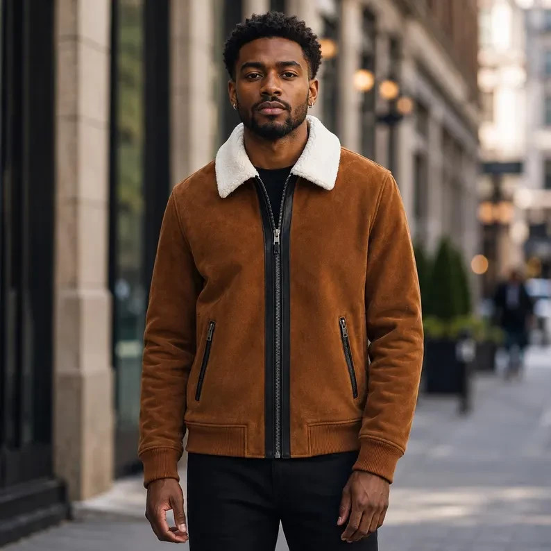 Personalized Men’s Brown Suede Shearling Jacket | Customized Aviator Bomber Jack