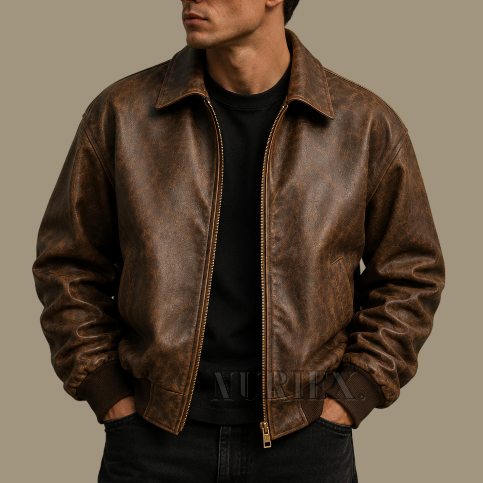 Men’s Brown Oversized Leather Bomber Jacket – Baggy Style Washed Outerwear Coat