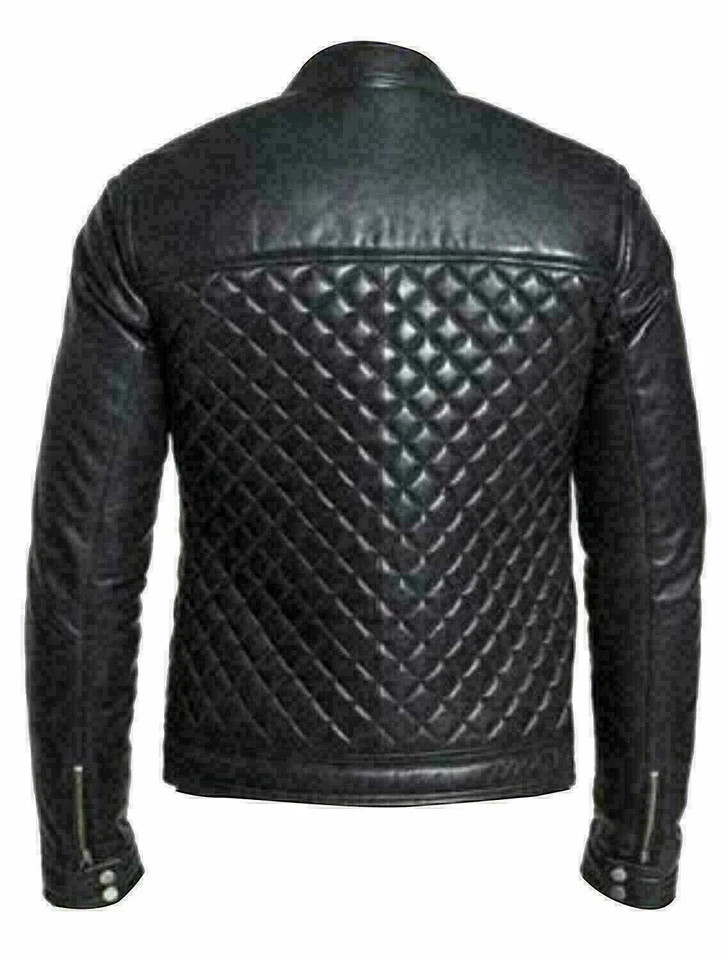 Men’s Quilted Leather Jacket Genuine Cowhide Slim Fit Biker Coat Handmade Black