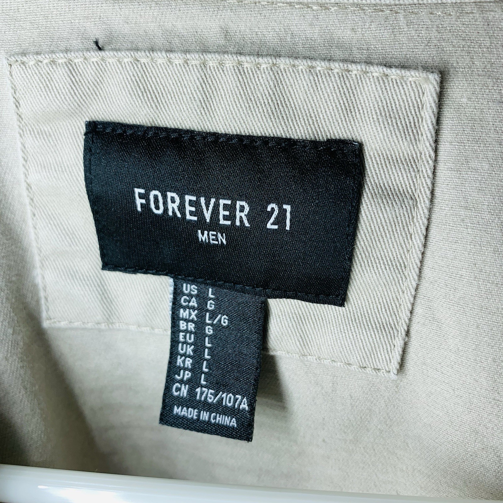 Forever 21 Men Size Large Khaki Twill Canvas Jacket Button Zip Up Band Collar
