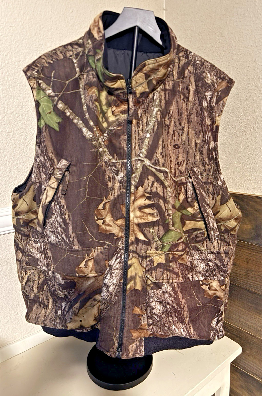LL Bean Reversible Hunting Vest Mens XL Mossy Oak Camo Full Zip Puffer Fleece