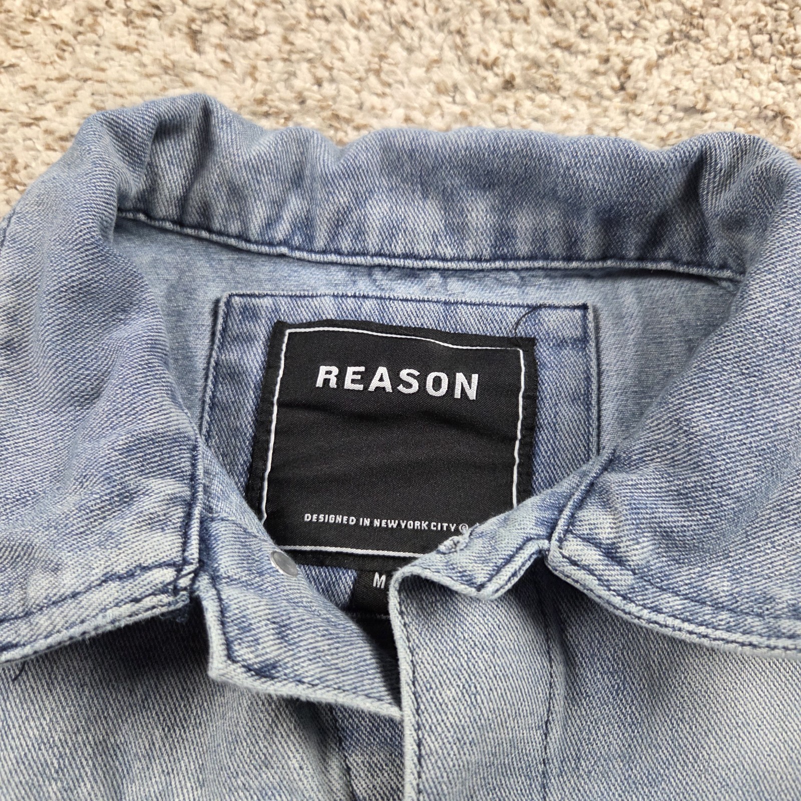 REASON Denim Jacket Mens Medium Distressed Splatter Acid Urban Streetwear