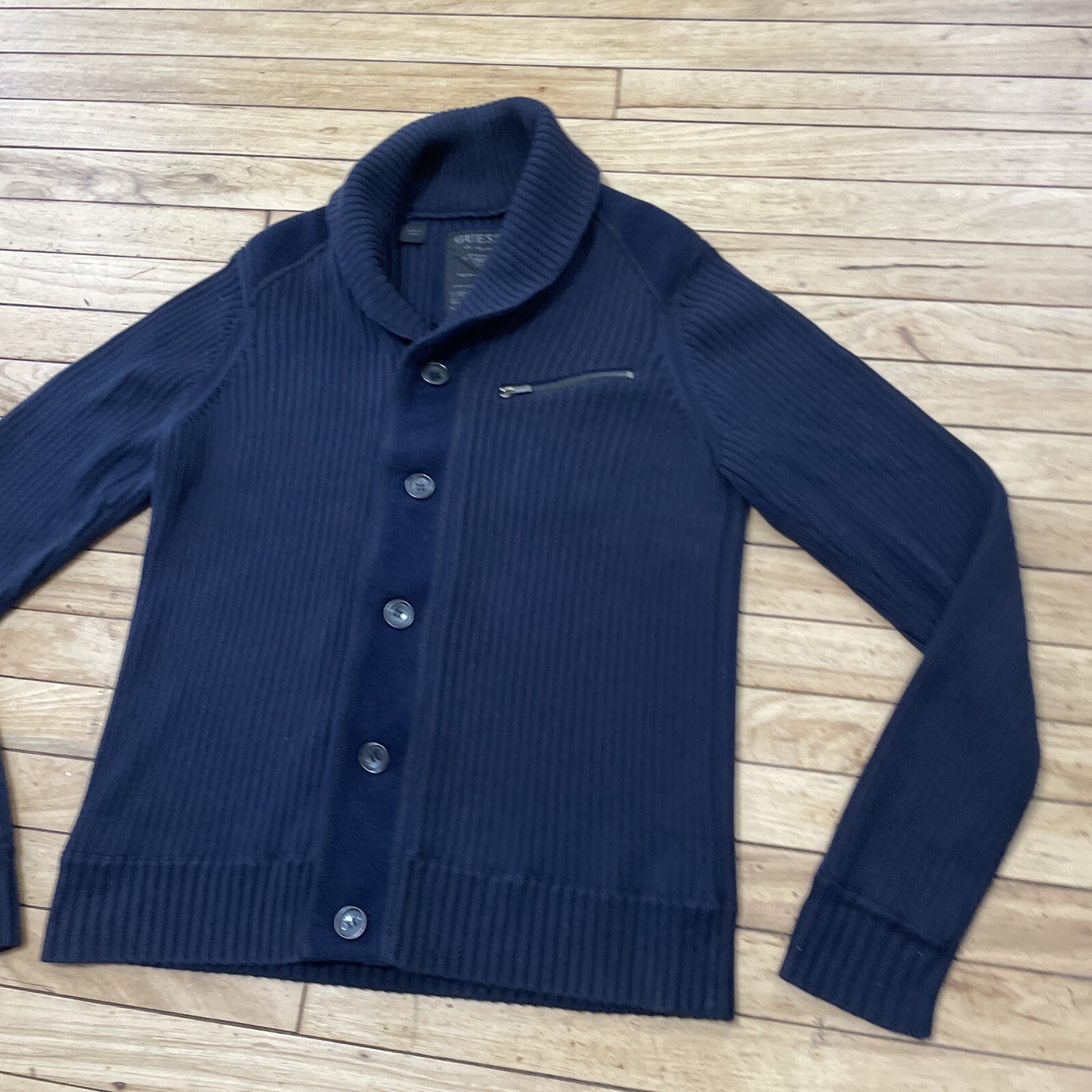 GUESS Cowl Neck Wool Blend Ribbed Jacket Men M Blue Business Zip Button Knit