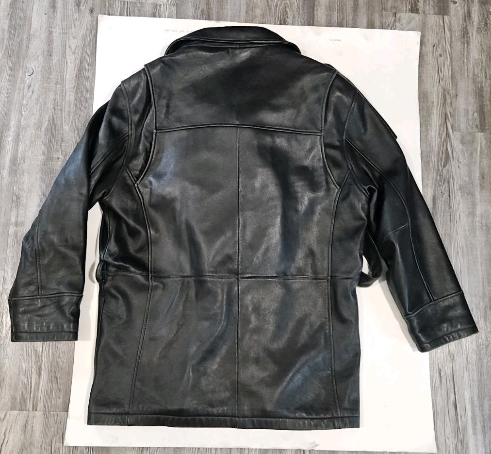 Wilsons Pelle Studio Leather Jacket Mens Large Black Full Zip Belted Coat