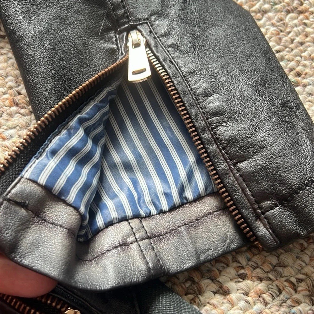 Zara Man Black Denim/Leather Biker Jacket Full Zip Collar Size XL