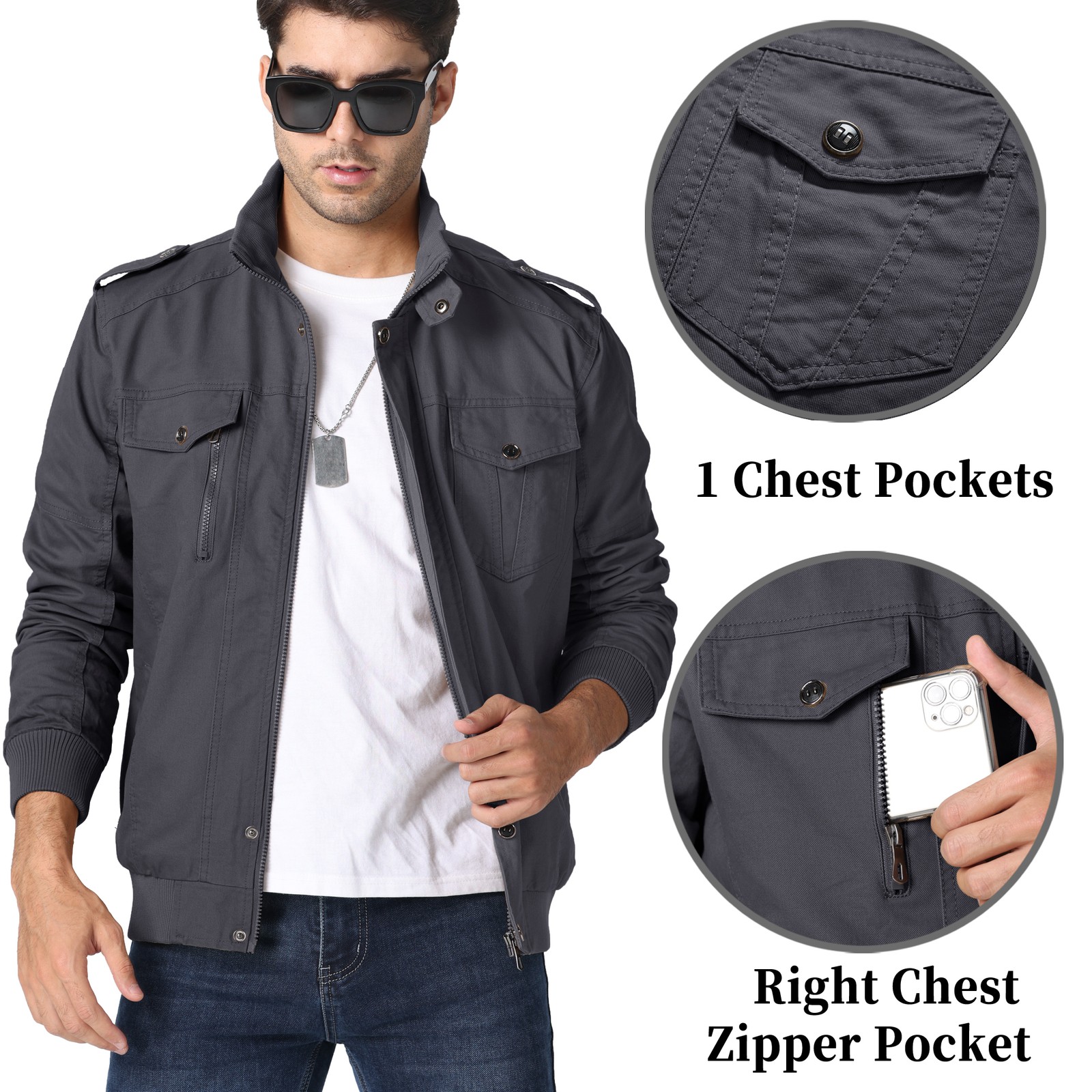 Men’s Spring Fall Cotton Jacket Cargo Bomber Jacket Lightweight Casual Work Coat