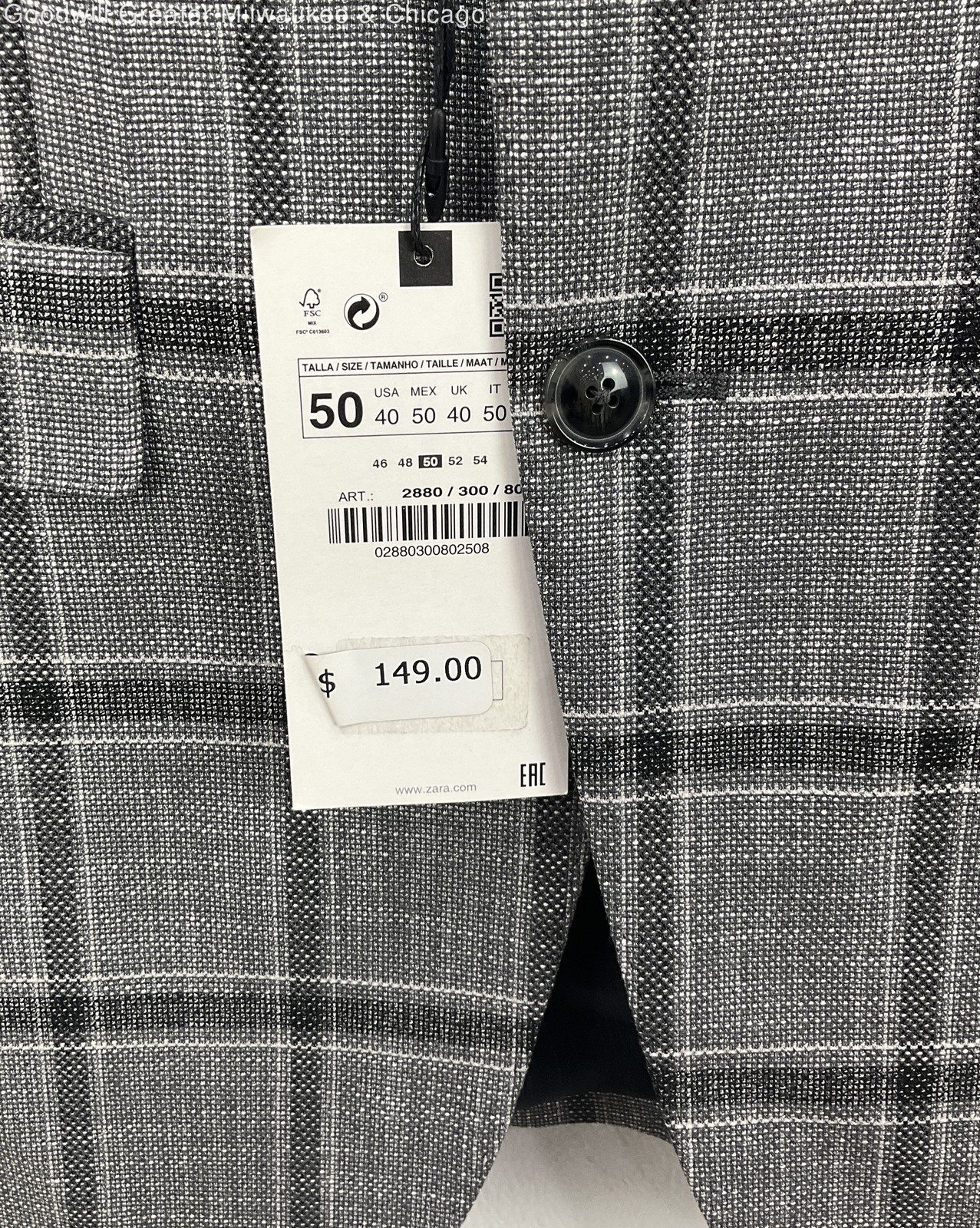 NWT Zara Men Black/White Plaid Suit Jacket Size 40