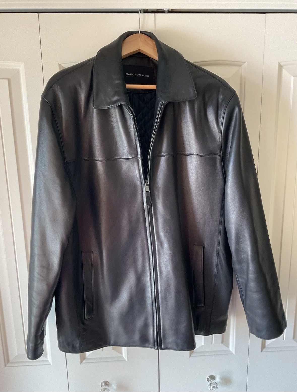 Marc New York Men’s Black Leather Full Zip Jacket XL Short Spread Collar