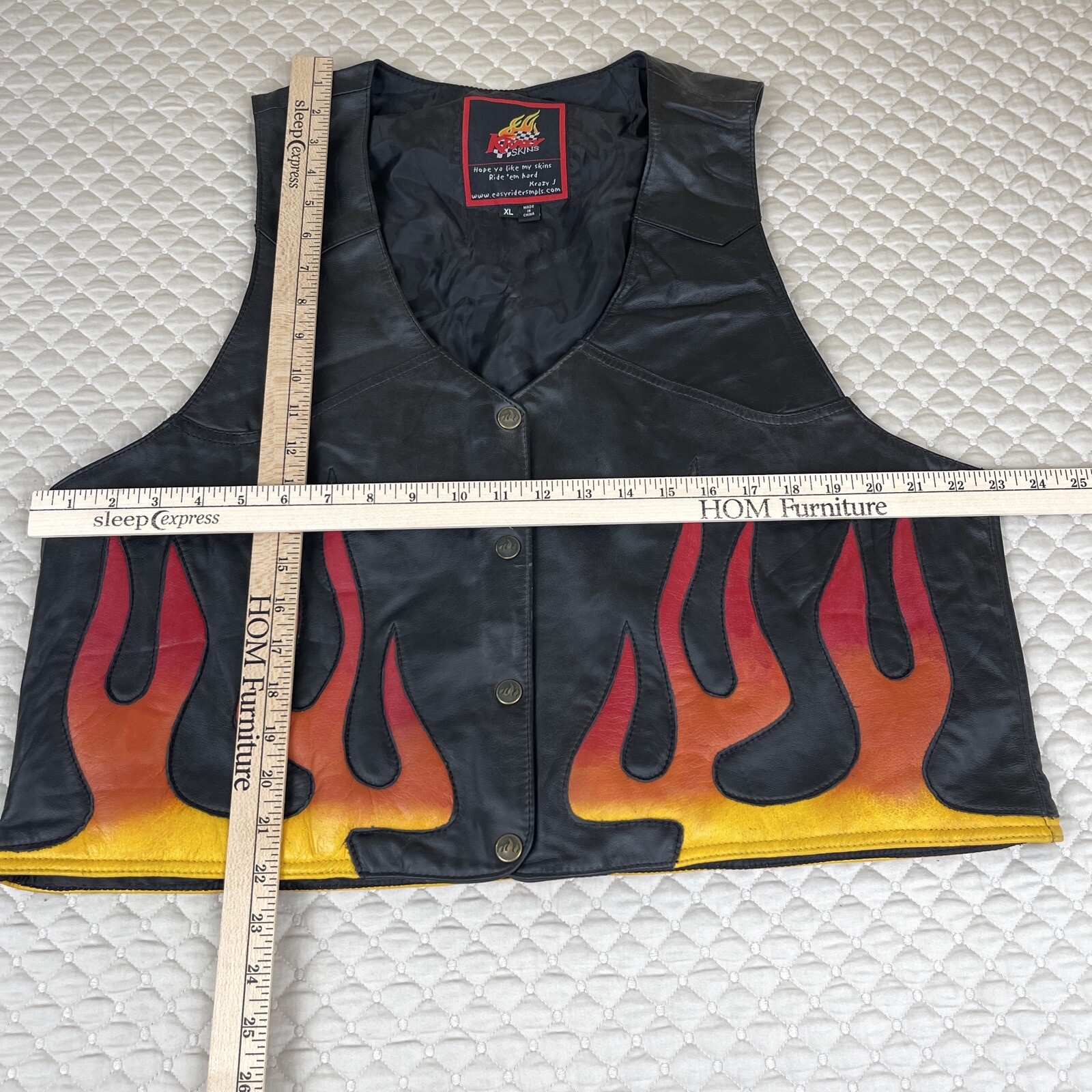 Vintage Mens Leather Vest XL Black Motorcycle Flame Fire Design Krazy Skins