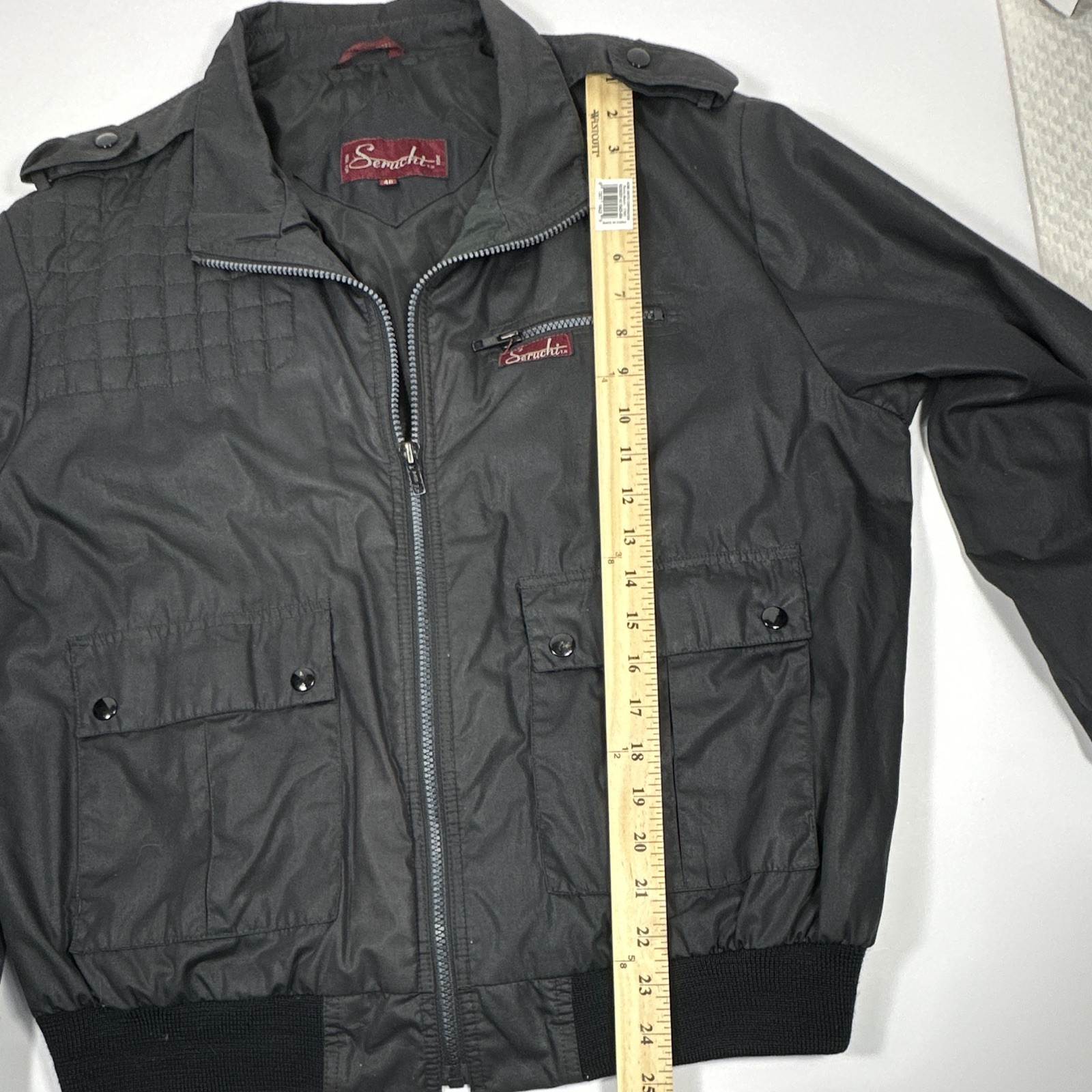 Seruchi Men’s Black Bomber Jacket – Full Zip Pockets – Size 46 Regular