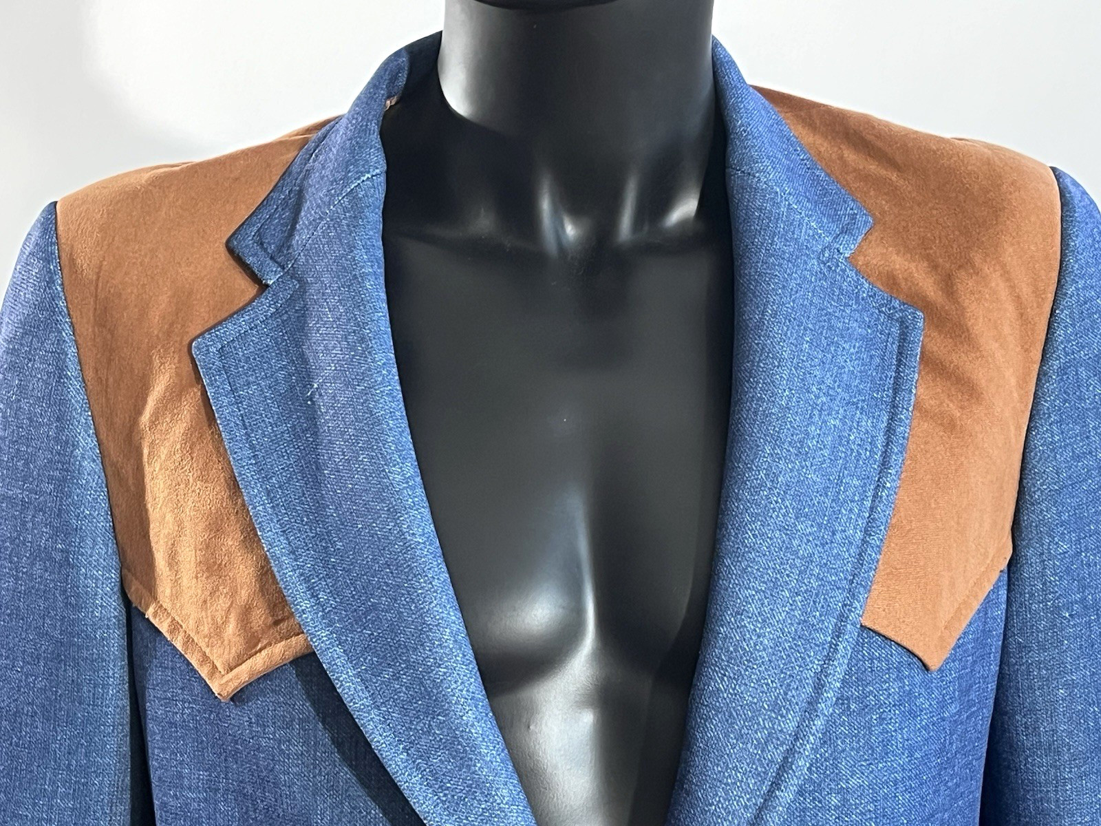 Vintage The Knot Men’s L Blue Denim & Leather Western Blazer 1970’s Two Button