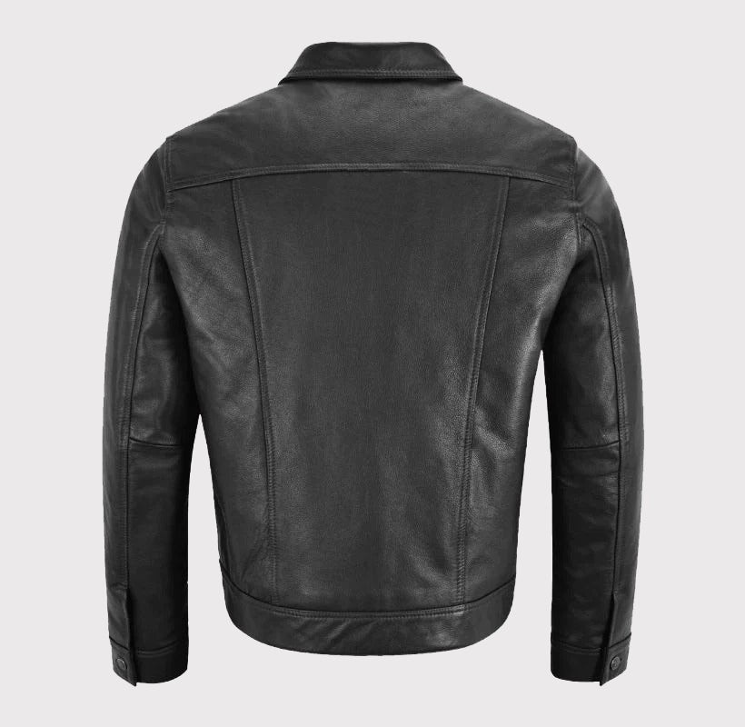 Men’s Black Leather Trucker Shirt Collar Style Biker Real Cowhide Leather Jacket