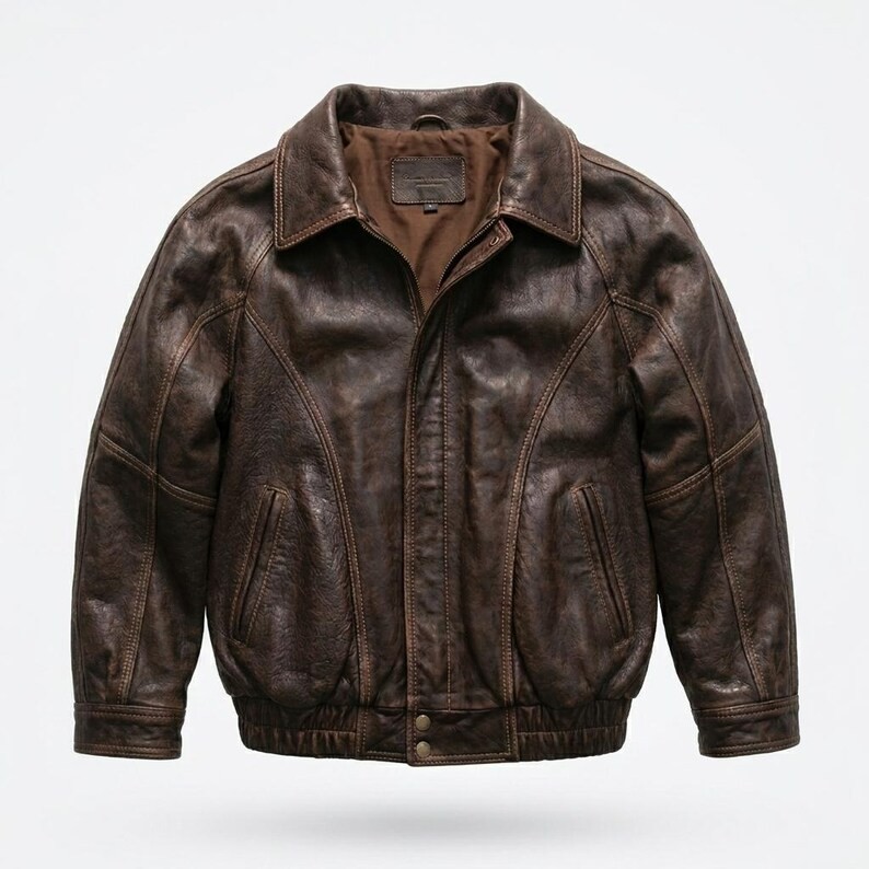 Distressed Brown Leather Bomber Jacket Vintage 90s Aviator Flight Coat Aged