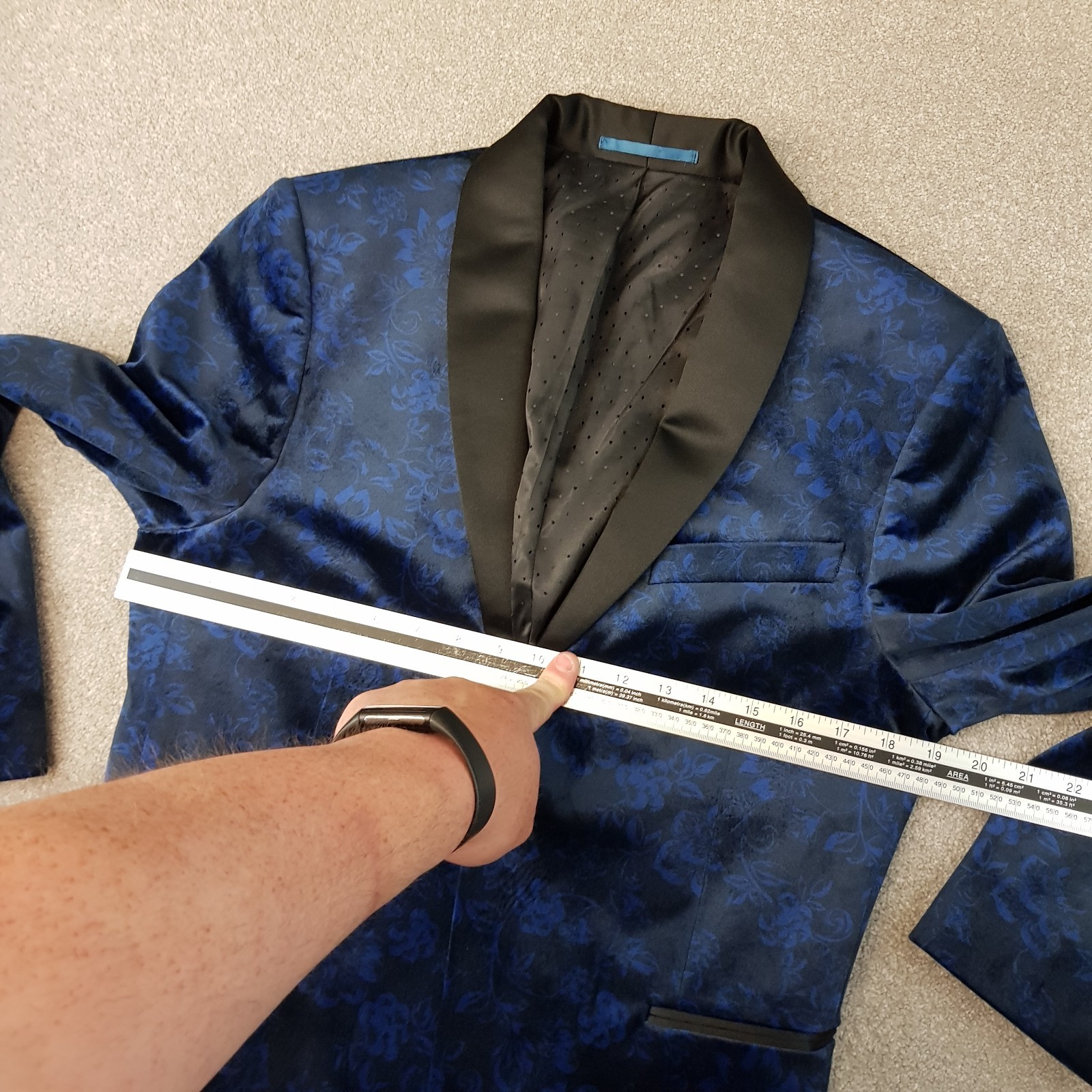 Next Mens Jacket 38S Blue Velvet Skinny Tuxedo Smoking Blazer Satin Lapel Floral