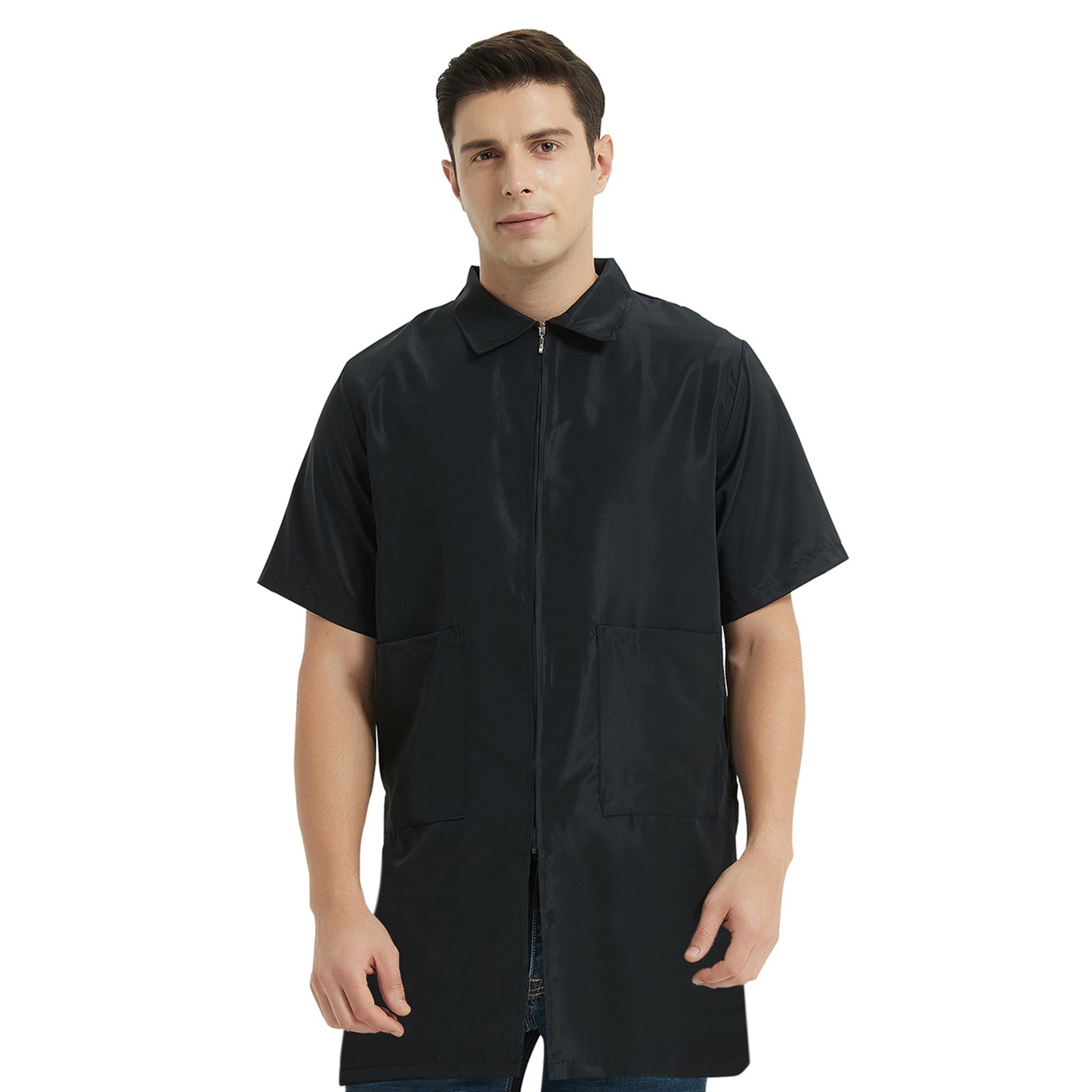 Barber Jacket Short-Sleeves Machine Washable Men’s Coat Black Work Shirt