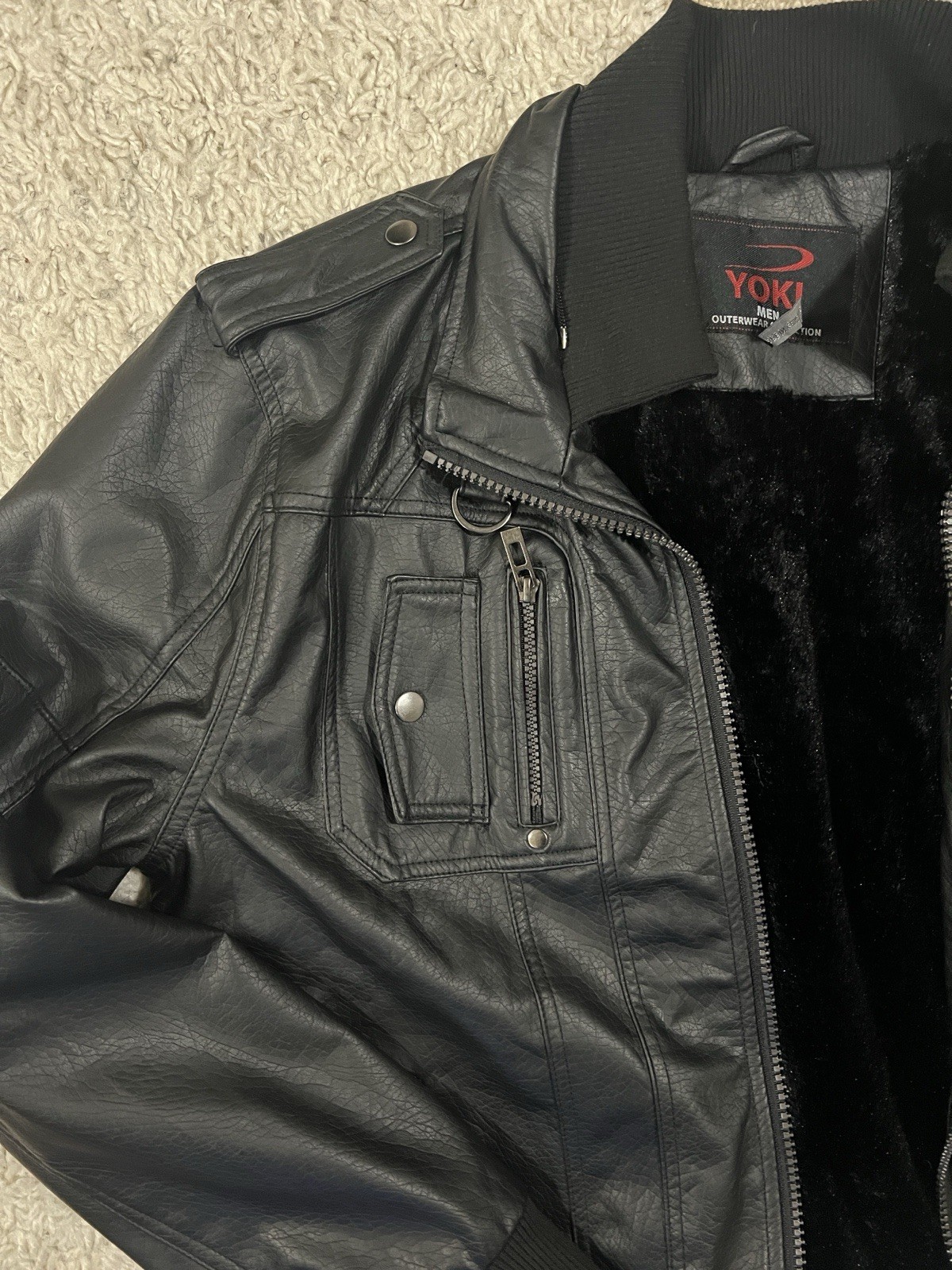 Yoki Men’s Black Bomber Leather Jacket Size XL Faux Fur Lined Full Zip Vintage