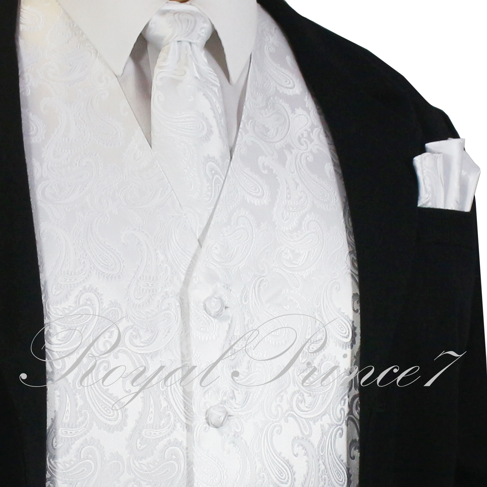 WHITE XS to 6XL Paisley Tuxedo Suit Dress Vest Waistcoat & Neck tie Hanky 20-A