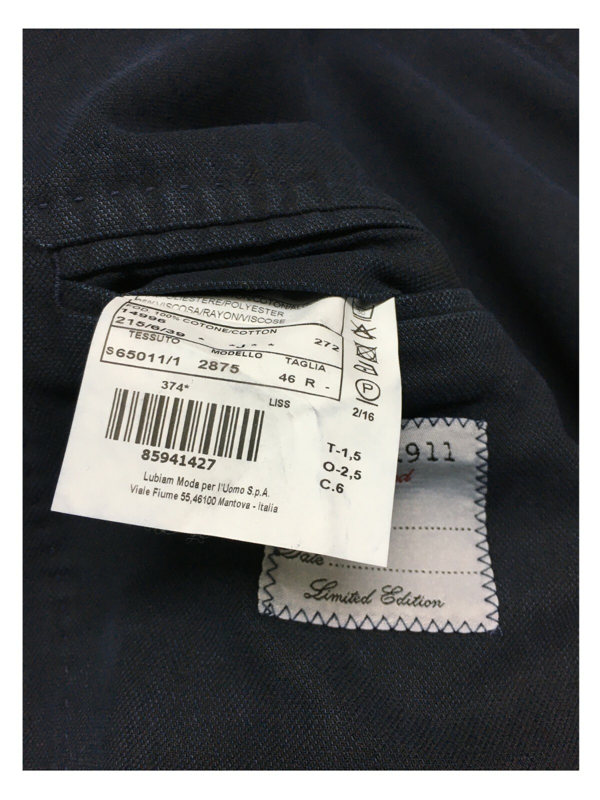 L.B.M. 1911 Blue Slim Unlined Jacket 2875 50% Cotton 25% Polyester 25% Viscose