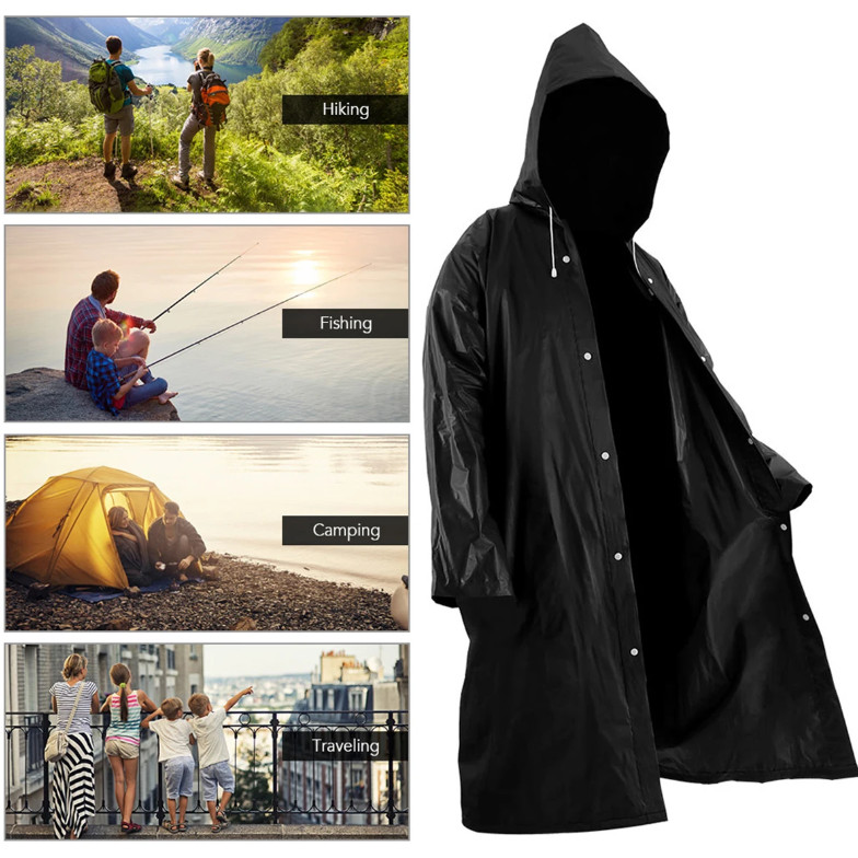 Men Black Waterproof Long Raincoat Hooded Trench Jacket Outdoor Hiking Rain Coat