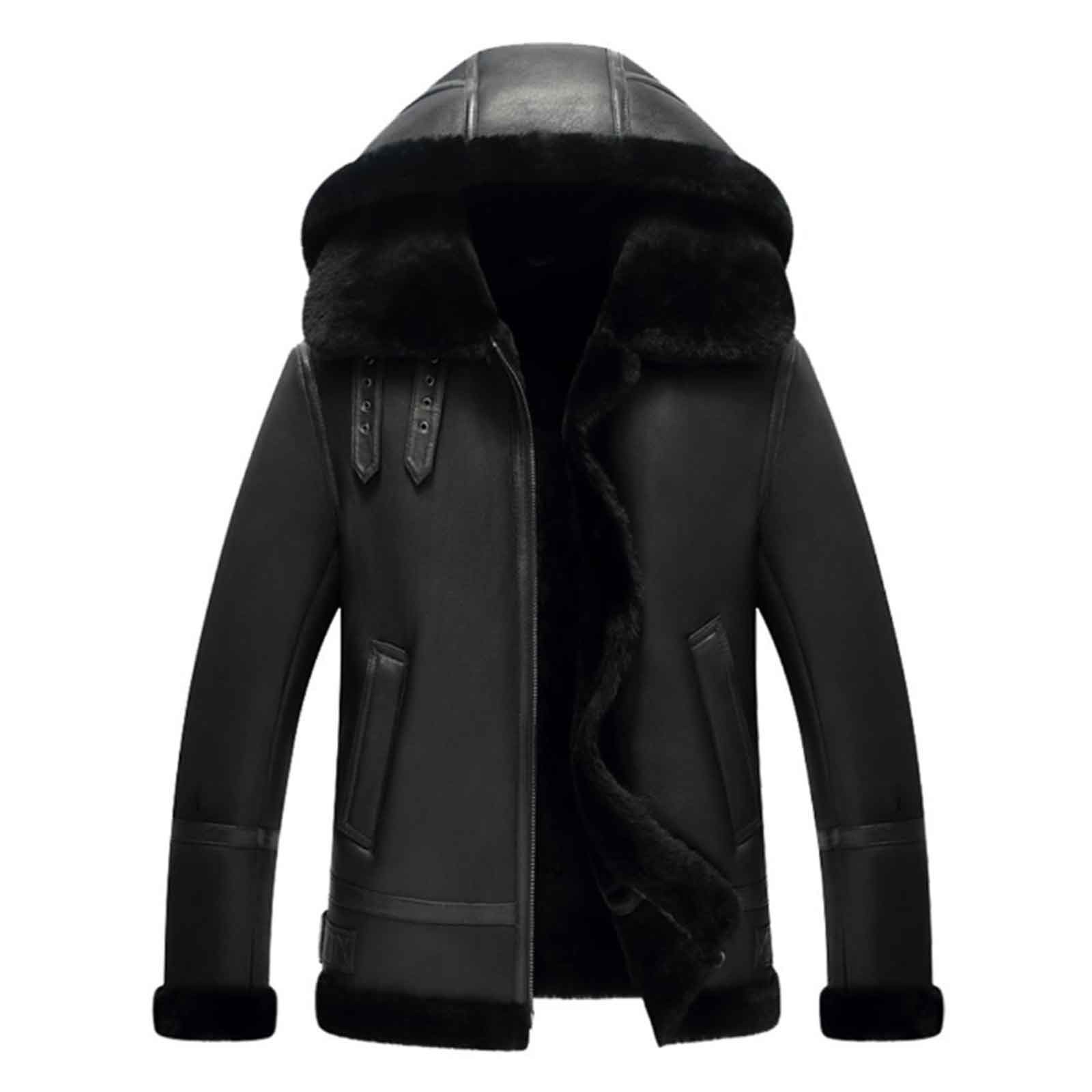 Regals Leather Men’s Black Hooded B3 Leather Bomber Jacket Aviator Flight Jacke