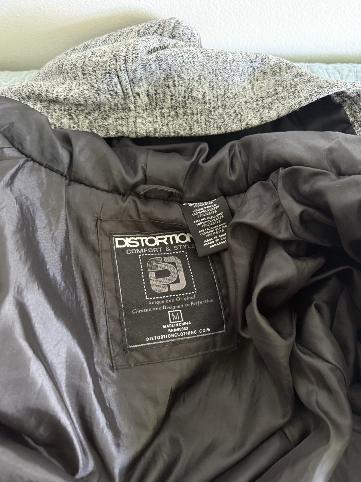 Distortion Men’s Medium Hooded Puffer Knit Sleeve Jacket Black Gray Full Zip