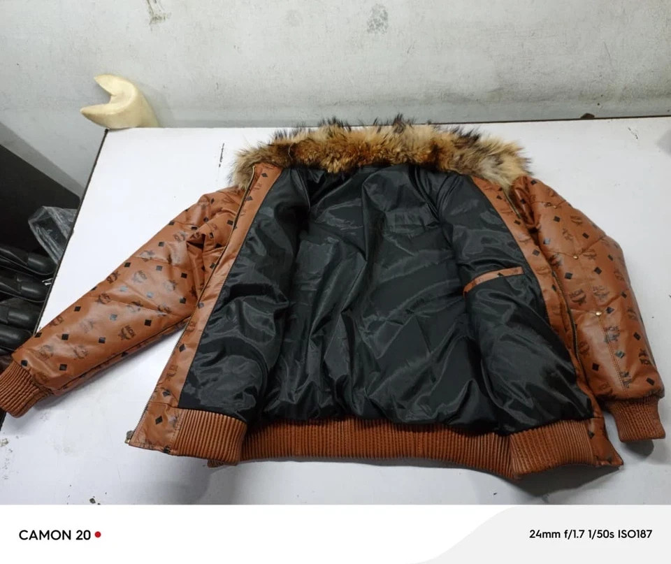 MCM Cognac Monogram Leather Puffer Jacket w/ Fur Collar + Matching Hat