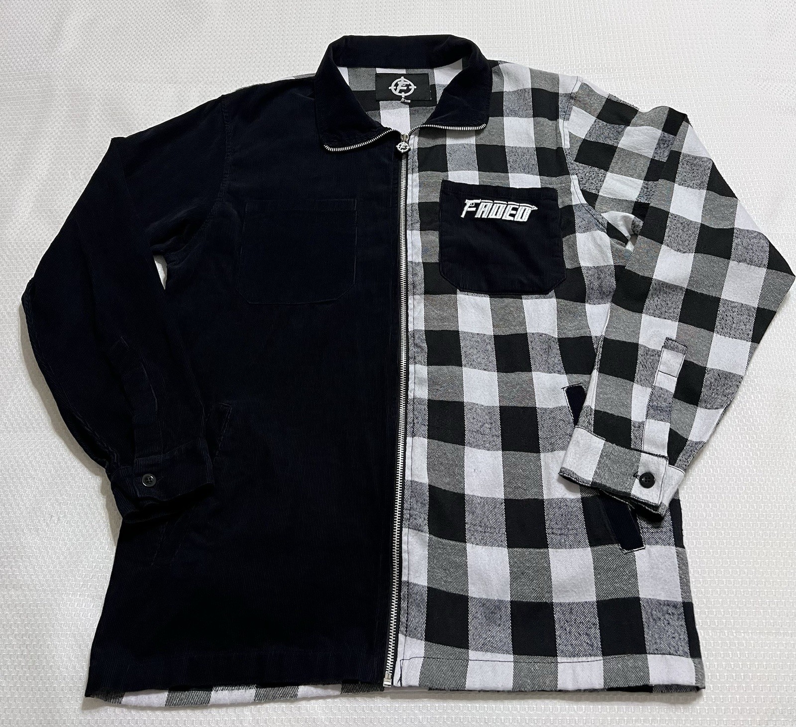 Size L Black White Buffalo Plaid Full Zip Mixed Fabric Jacket Embroidered