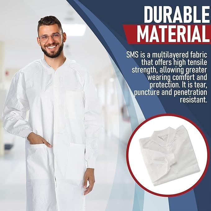 Pack of 10 Disposable Lab Coats – Blue – With 3 Pockets and Soft Knit Cuffs & Co