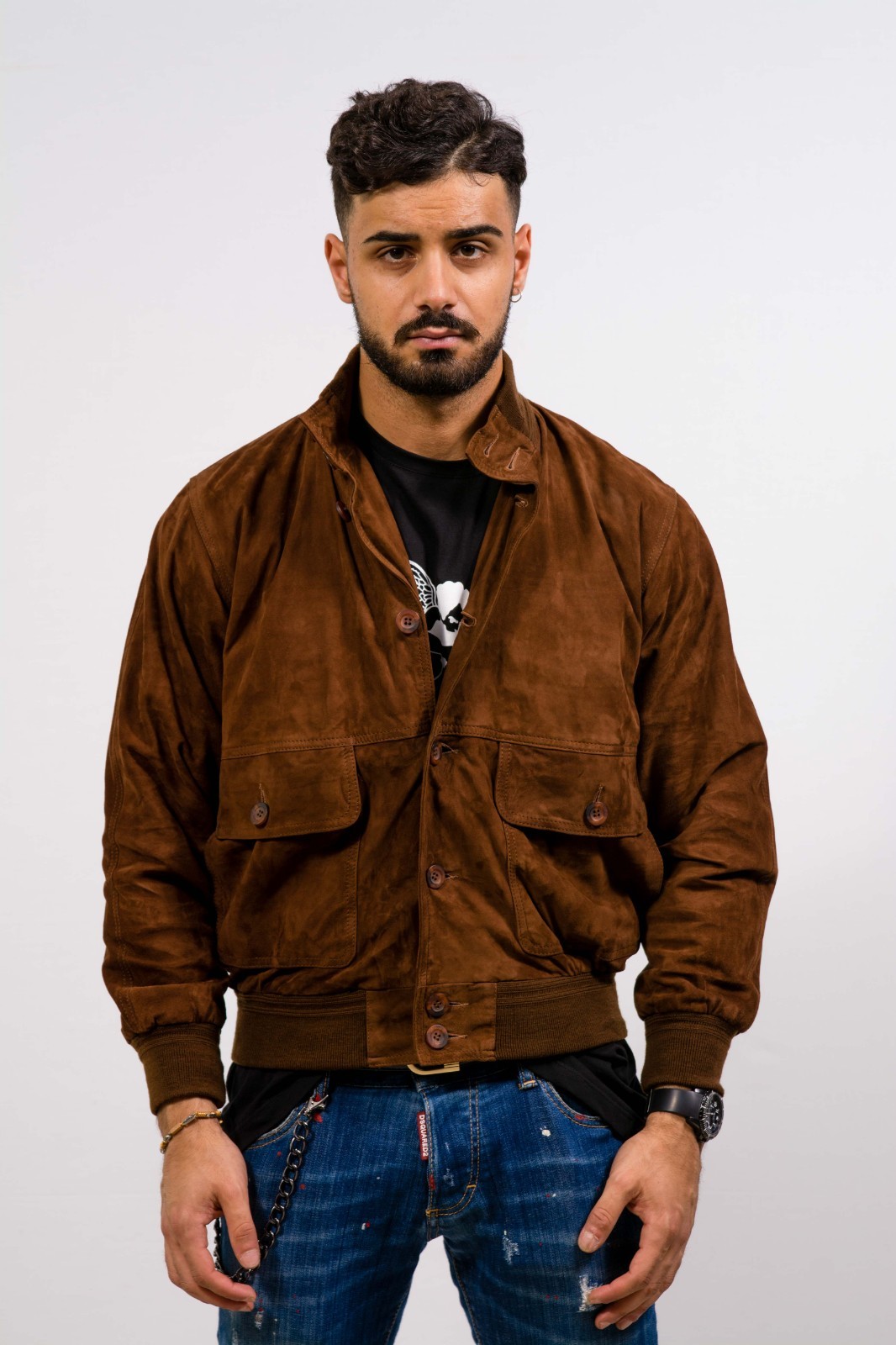 MENS TOBACCO SUEDE BOMBER JACKET (real suede 100% made in Italy)