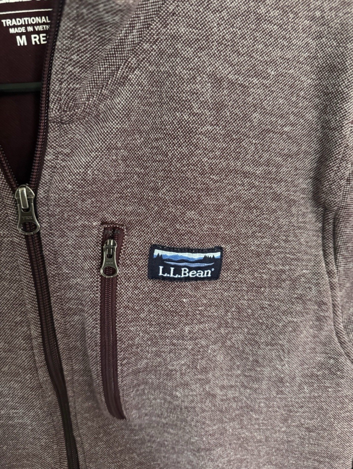 L.L.Bean Men’s Full Zip Jacket M Regular Burgundy Solid Logo Stand-Up Midweight