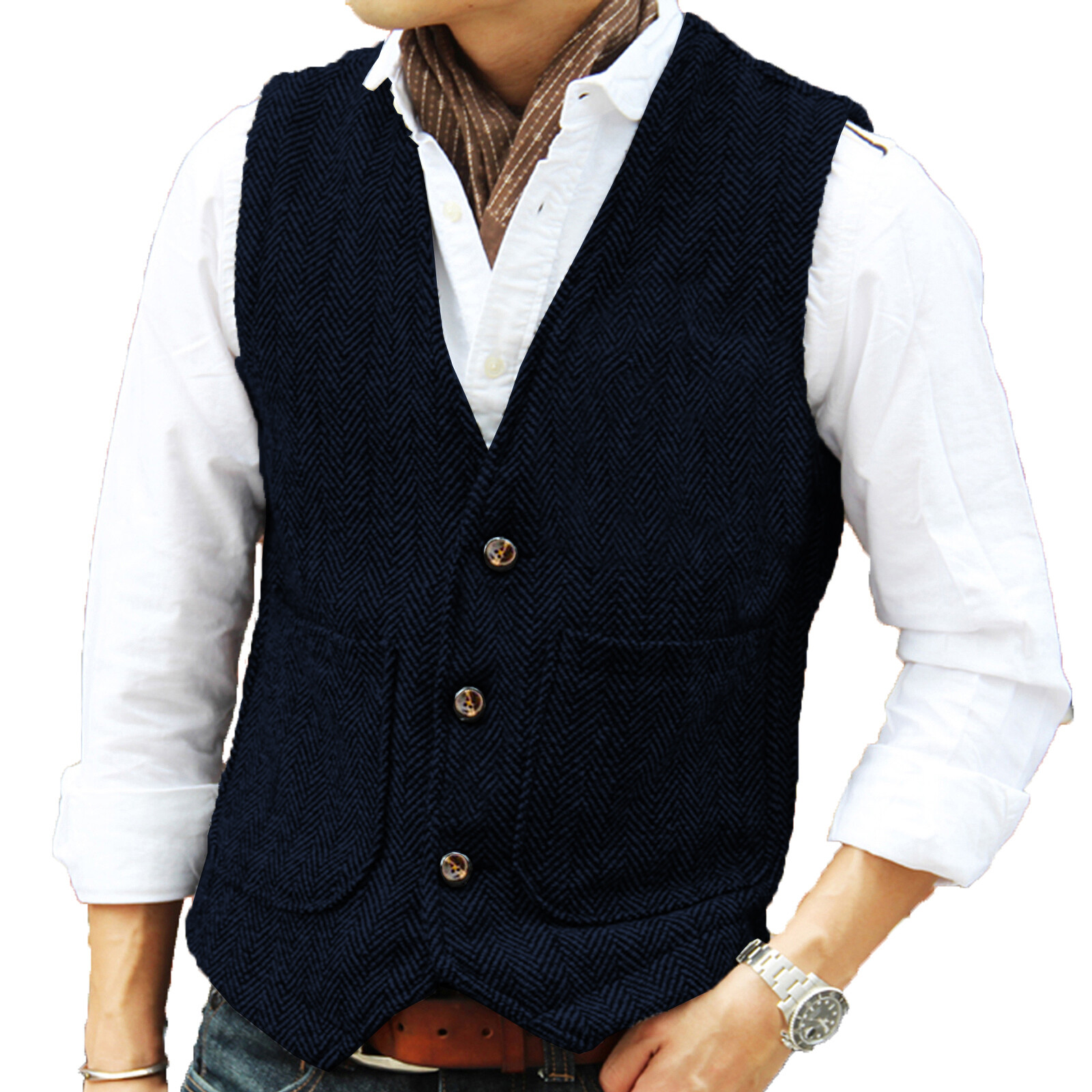 Hunting Classic Men Vintage Tweed Vest Herringbone Waistcoats Wedding Retro Wool