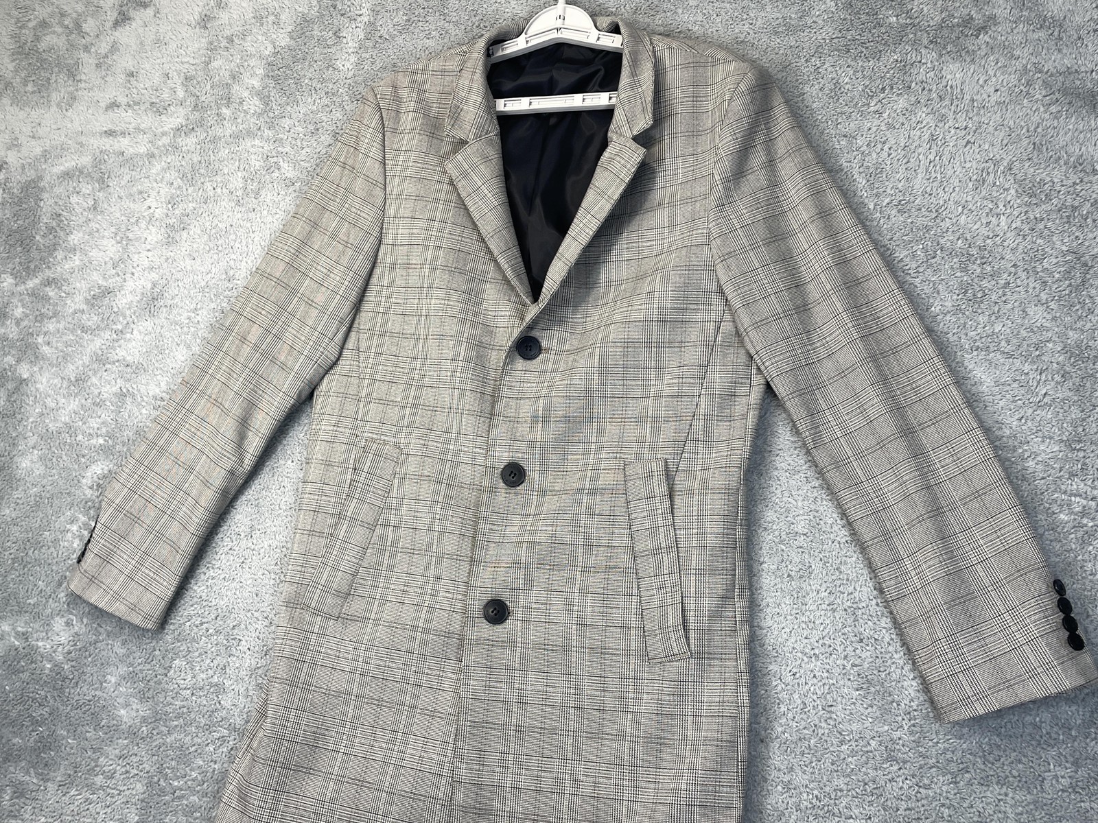 H&M Topcoat Mens 42R Gray Glen Plaid Overcoat 3 Button Lined Pockets Notch Lapel