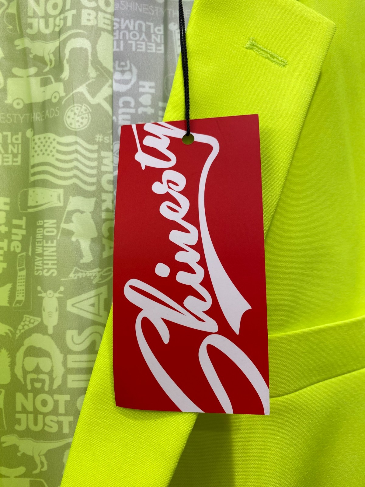 NEW SOLD OUT SHINESTY NEON yellow “STAY WEIRD & SHINE ON” MENS SUIT 44 Pant33/34