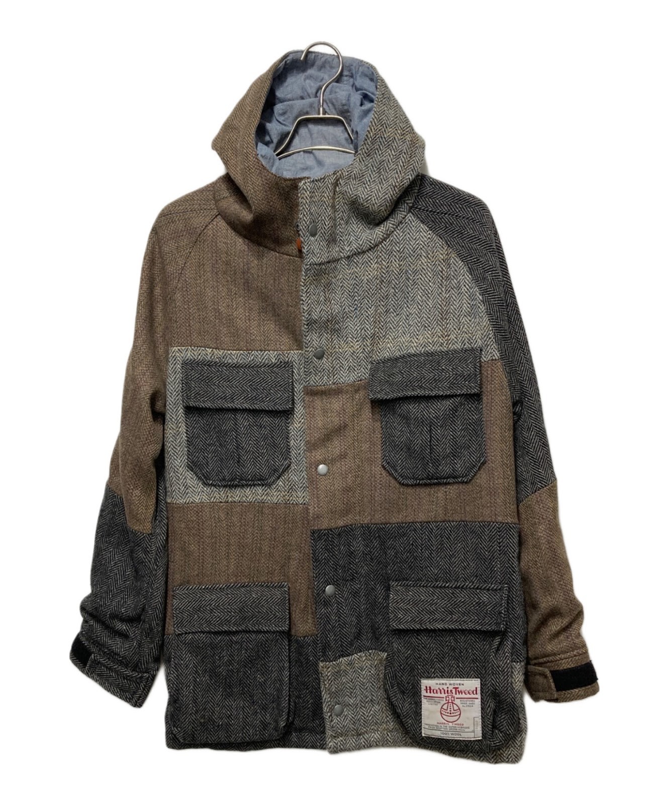 Authentic NO Means Yes × Harris Tweed Patchwork Tweed Hooded Jacket L Gray Men