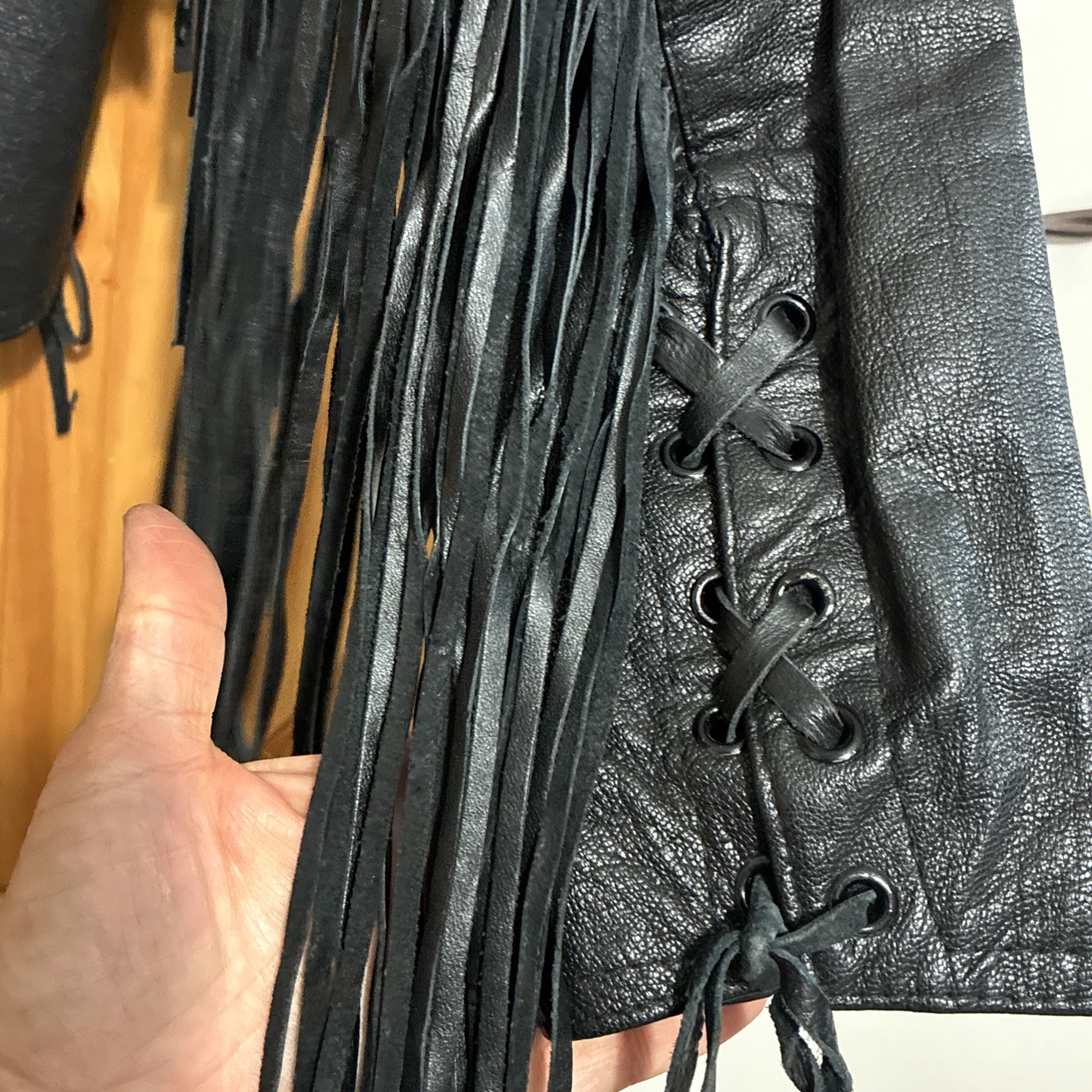 Vtg First Genuine Leather Fringe Pullover Jacket Black Size S Lace Up Biker