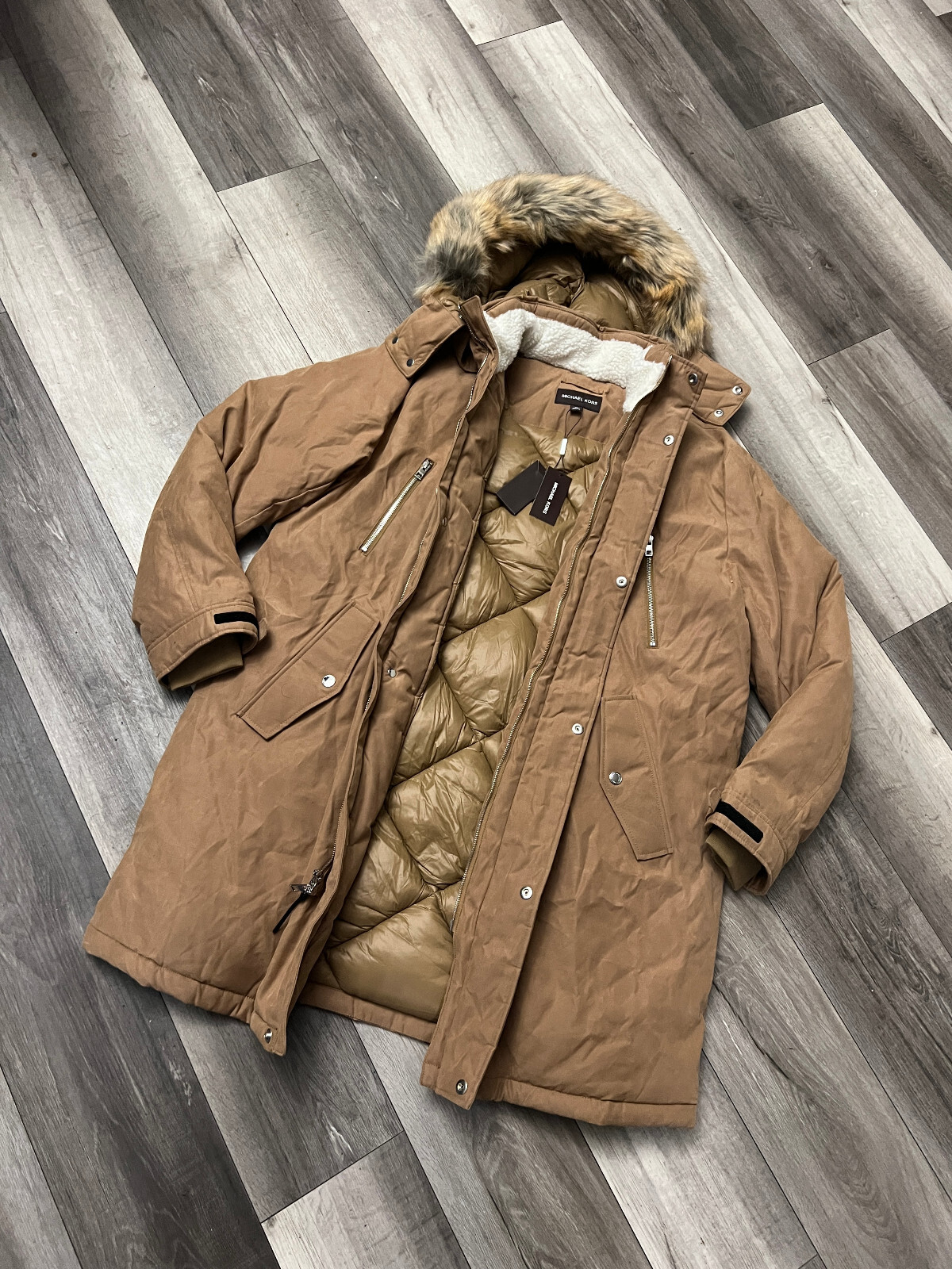 Michael Kors Mens Faux Fur Trim Hooded Parka Coat Jacket Dark Camel Brown XL