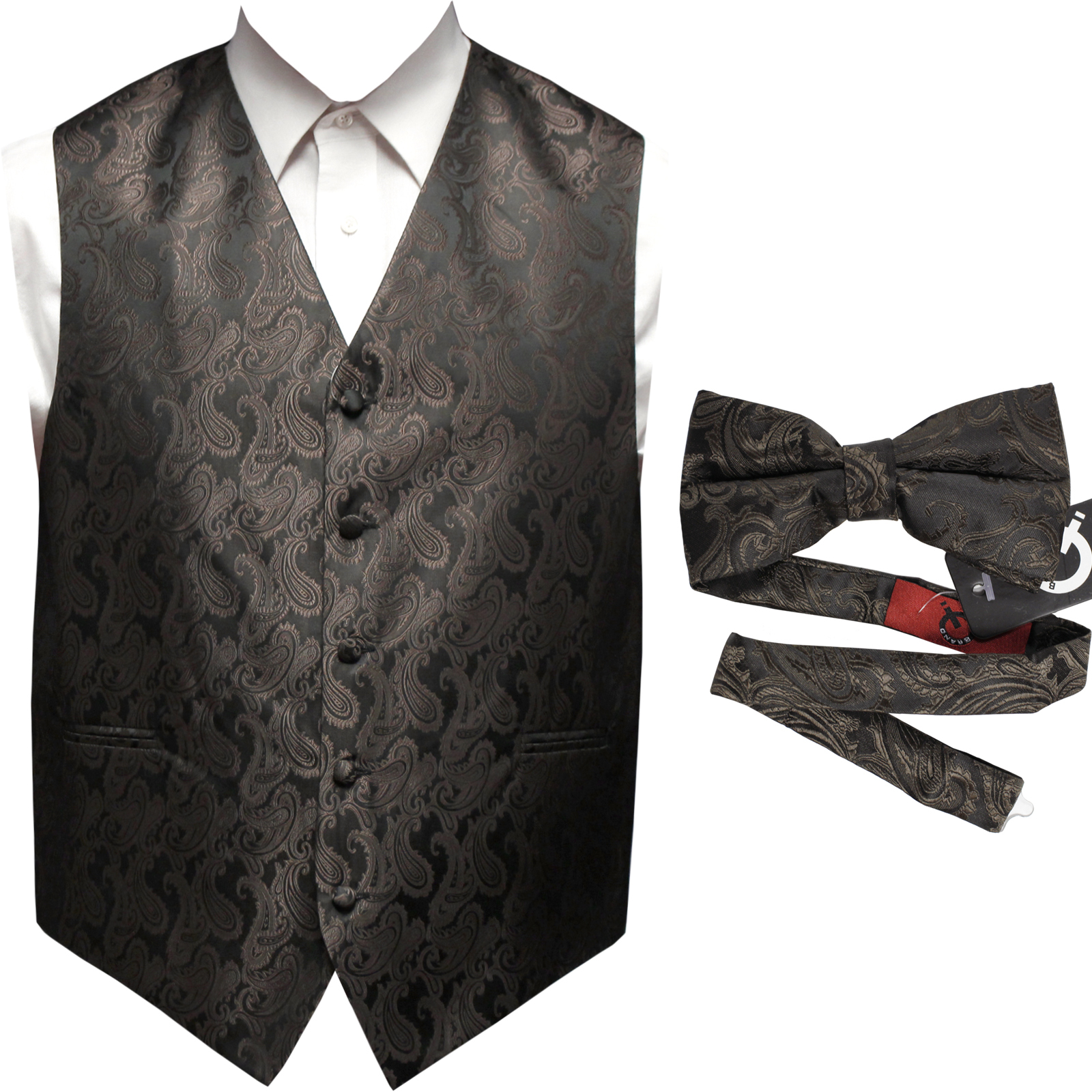 BROWN XS to 6XL Paisley Tuxedo Suit Dress Vest Waistcoat & Bow tie Wedding