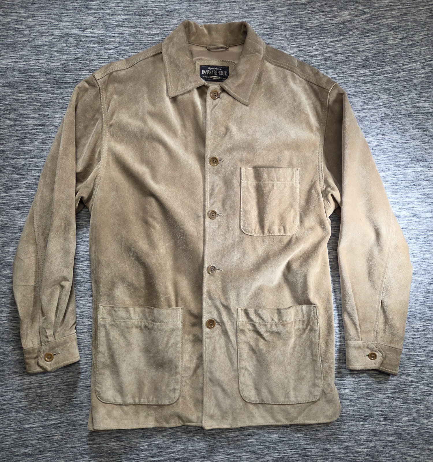 Men’s Small Banana Republic Suede Leather Jacket Tan/Beige Vintage Three Pockets