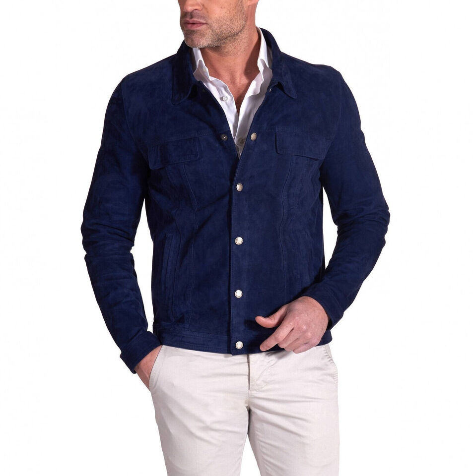 Men’s Blue 100% Genuine Soft Suede Trucker Jacket Custom Made XS S M L XL 2XL3XL