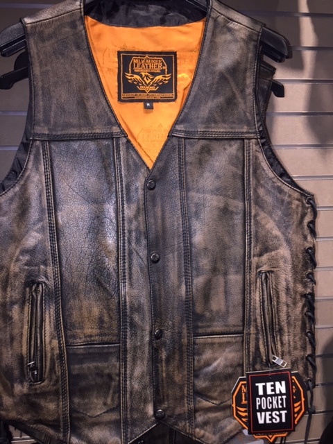 MEN’S MOTORCYCLE 10 POCKET DISTRESSED BROWN LEATHER VEST WITH 2 GUN POCKETS