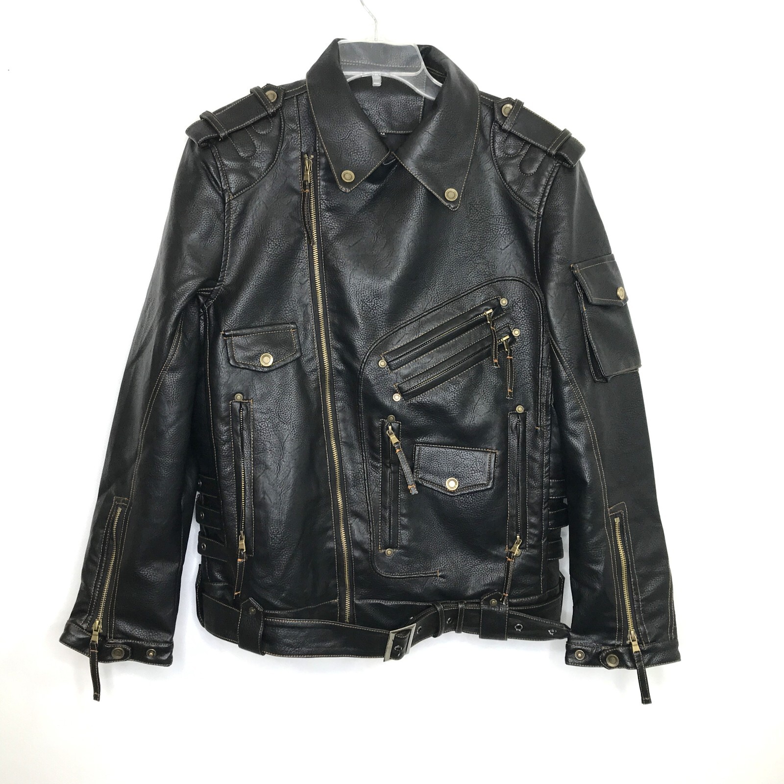 Men’s Faux Leather Motorcycle Biker Jacket Black Moto Zip Snap M USA Seller