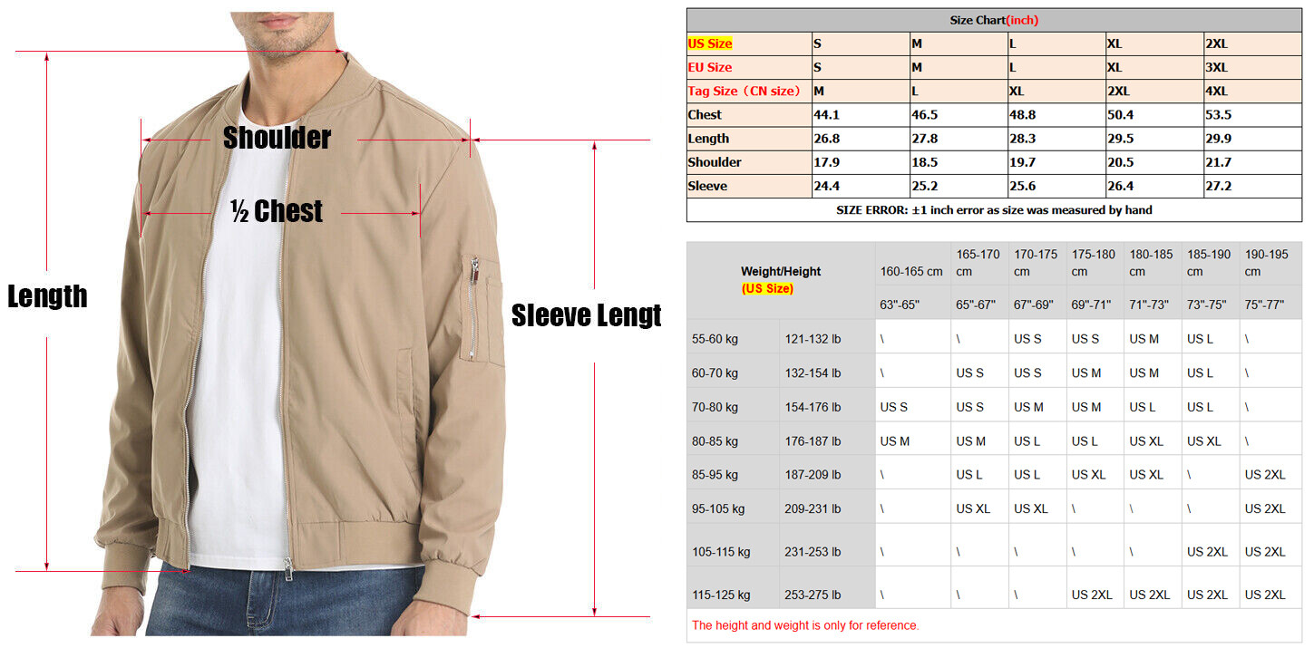Men’s Bomber Jackets Lightweight Casual Windbreaker Spring Fall Full Zip Outwear