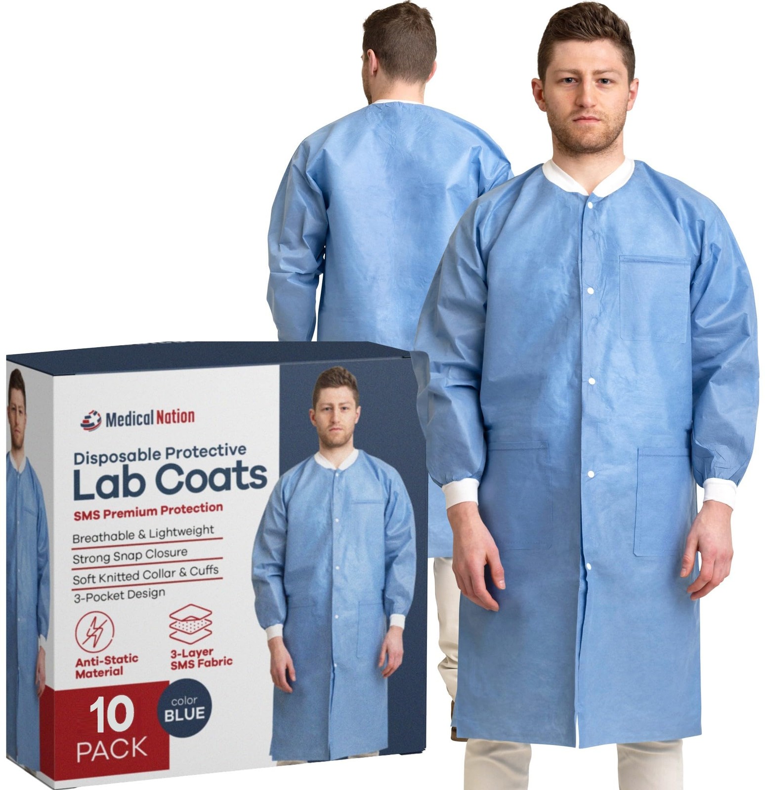 Pack of 10 Disposable Lab Coats – Blue – With 3 Pockets and Soft Knit Cuffs & Co