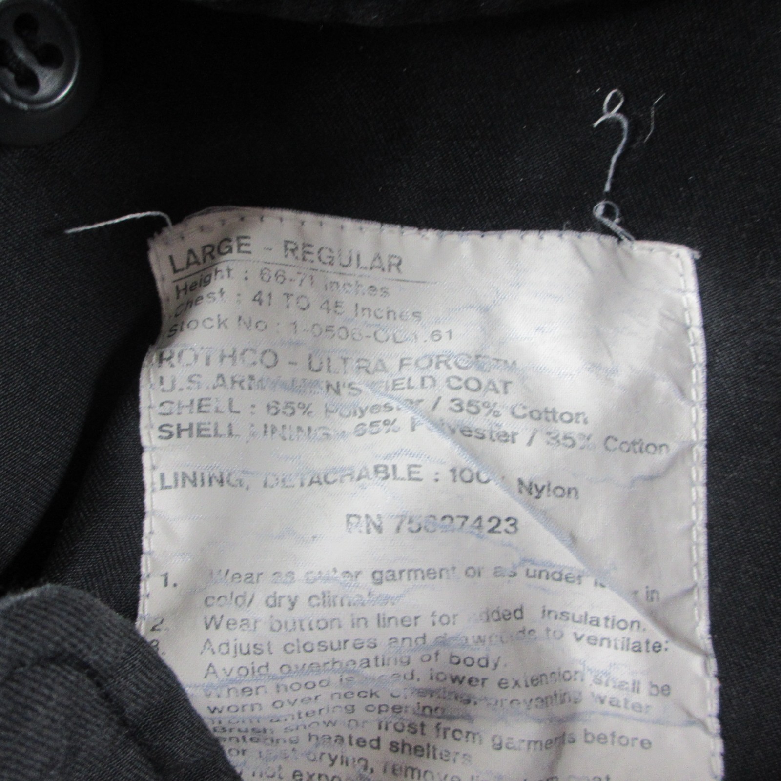 ROTHCO Ultra Force US Military Field Coat Mens L Black Detachable Lining Jacket