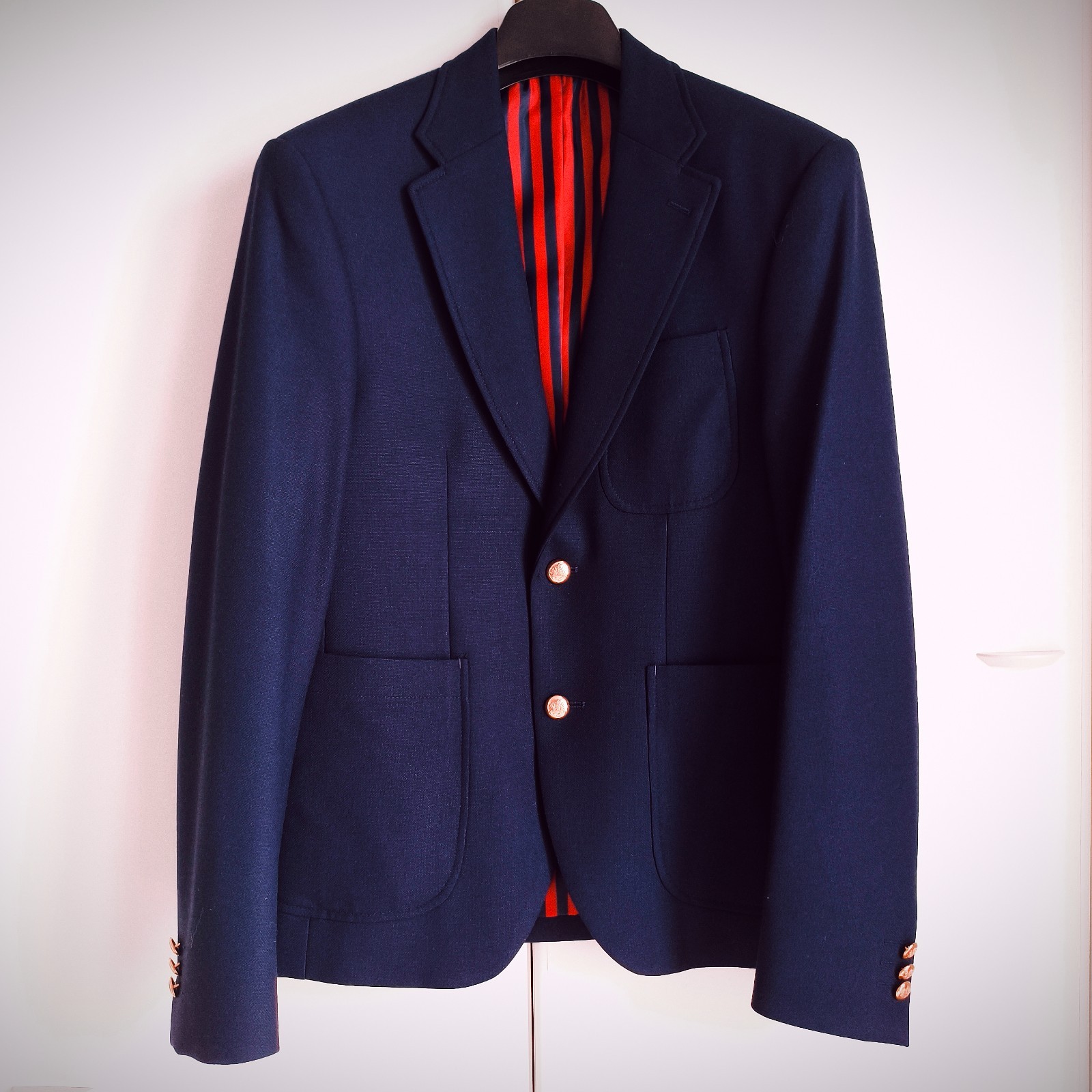 MENS NAVY BLUE BLAZER JACKET M ZARA POLYESTER GOLD BUTTONS LINING STRIPES