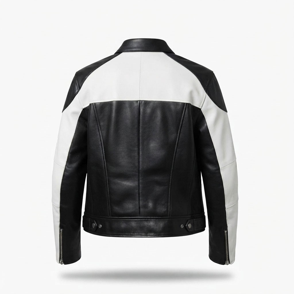 Men’s Black White Genuine Leather Moto Biker Jacket Cafe Racer Motorcycle Coat