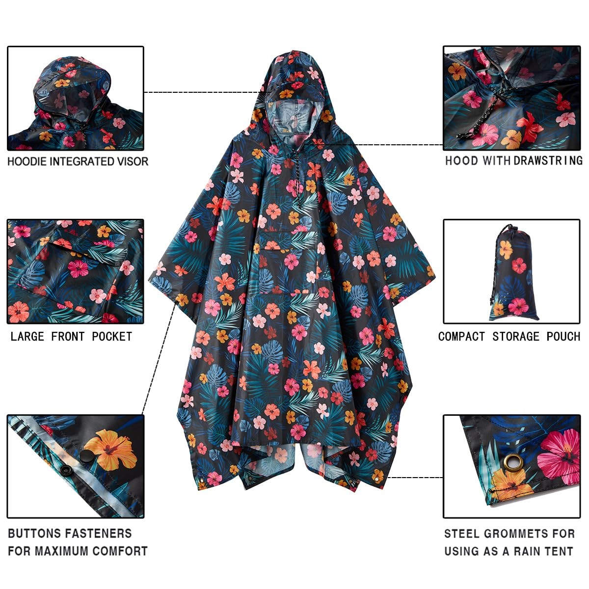 Hooded Rain Poncho Waterproof Raincoat Jacket Men Women Adults Pocket Travel