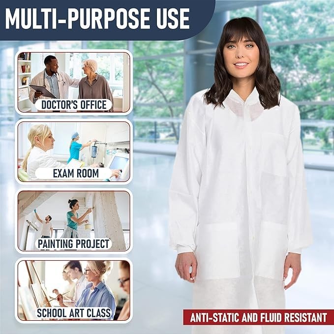 Pack of 10 Disposable Lab Coats – Blue – With 3 Pockets and Soft Knit Cuffs & Co