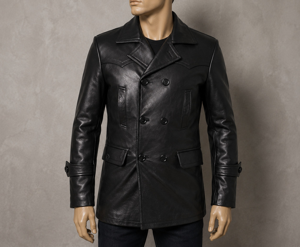Men Real Leather German Double Breasted Leather Coat