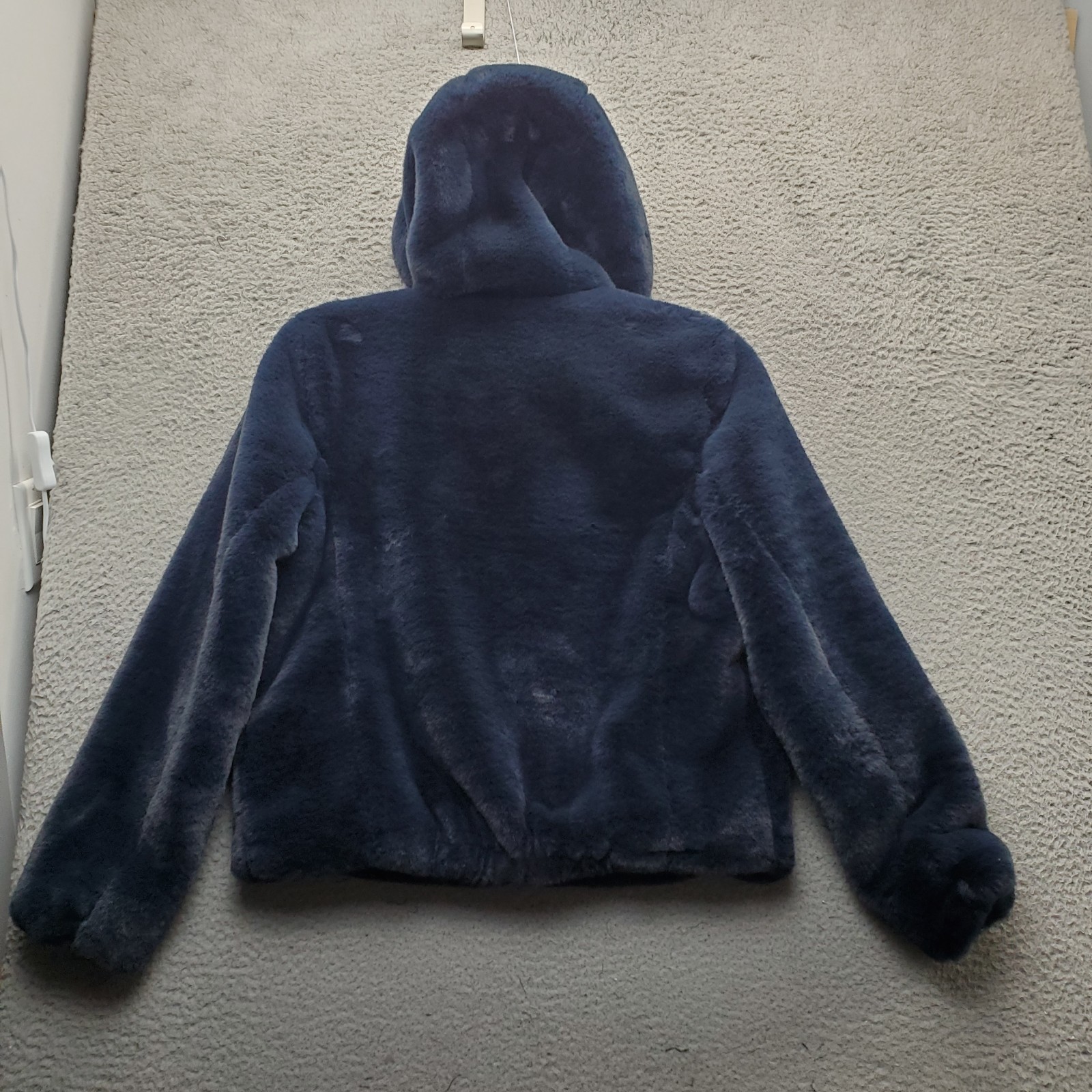 Rachel Zoe Faux Fur Jacket Mens M Navy Lined Fuzzy Hooded Drawstring Full Zip